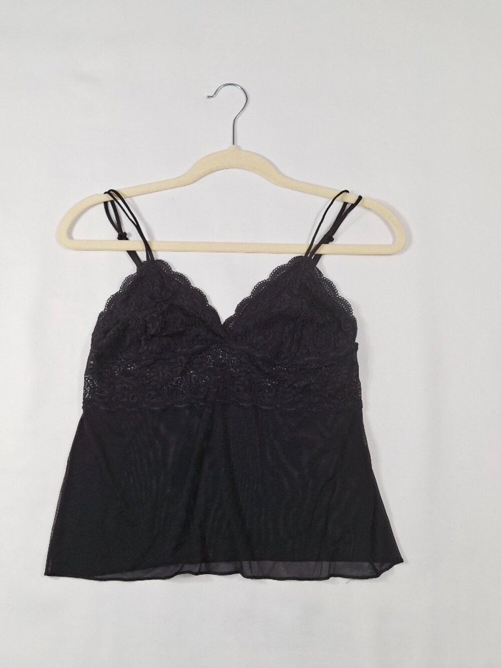 Minimalist Sheer Black Stretch Lace & Mesh Cami Sz M with Soft Lace Bra Cups